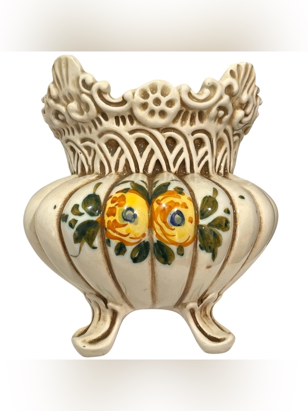 Vintage 1960s Belfor Italy Signed Hand Painted Ceramic Vase Reticulated Floral